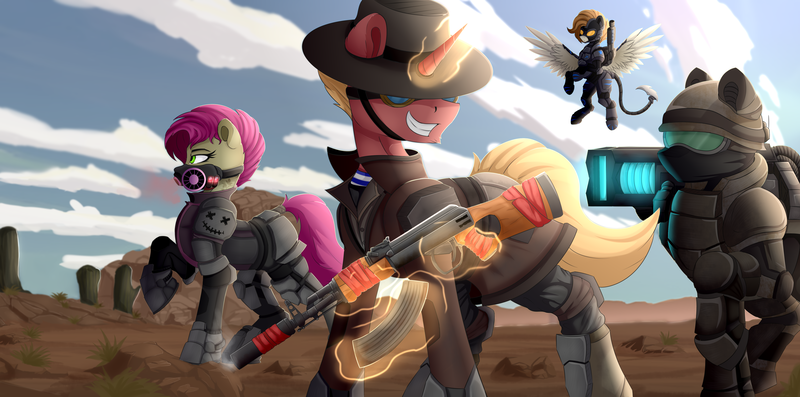 Size: 6280x3120 | Tagged: safe, artist:singovih, derpibooru import, oc, unofficial characters only, earth pony, pegasus, pony, unicorn, fallout equestria, armor, bush, cactus, clothes, desert, desert rangers, enclave, enclave armor, female, game, glasses, grass, hat, horn, image, magic, male, mare, png, sky, smiling, stallion, telekinesis, wasteland, weapon, wings