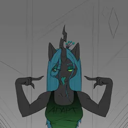 Size: 2000x2000 | Tagged: safe, artist:kirasunnight, derpibooru import, queen chrysalis, anthro, changeling horn, clothes, eyebrows, eyebrows visible through hair, eyeshadow, female, horn, image, looking at you, makeup, png, shirt, simple background, solo, solo female, tongue out