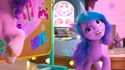 Size: 2388x1336 | Tagged: safe, derpibooru import, screencap, izzy moonbow, pipp petals, spike, g5, my little pony: make your mark, spoiler:g5, spoiler:my little pony: make your mark, spoiler:my little pony: make your mark chapter 4, spoiler:mymc04e01, anxious, board, bridlewoodstock, faic, image, jpeg, my little pony: make your mark chapter 4, nervous, plushie, poster, spike plushie, stained glass, stars, window