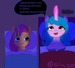 Size: 1993x1794 | Tagged: safe, alternate version, artist:glim_gg, derpibooru import, izzy moonbow, sunny starscout, earth pony, pony, unicorn, g5, bags under eyes, bed, dialogue, female, glow, glowing horn, horn, image, mare, png, question mark, sleeping bag, speech bubble, sunny starscout is not amused, tired, unamused