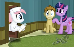 Size: 3264x2064 | Tagged: safe, artist:tidmouthmilk12, derpibooru import, nurse redheart, twilight sparkle, twilight sparkle (alicorn), oc, oc:tidmouth milk, alicorn, earth pony, pony, anxiety, clipboard, comforting, doctor's office, hat, image, nervous, nurse hat, png, scared, shivering, signature, sweat, sweatdrops