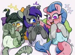 Size: 3212x2368 | Tagged: source needed, suggestive, artist:lou, derpibooru import, oc, unofficial characters only, pony, blushing, diaper, diaper fetish, female, fetish, image, jpeg, male, mare, oc x oc x oc, pacifier, trio