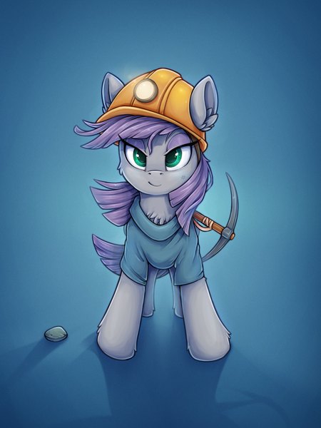 Size: 900x1200 | Tagged: safe, artist:zeepheru_pone, derpibooru import, maud pie, earth pony, pony, atg 2023, boulder, boulder (g4), chest fluff, clothes, ear fluff, female, hat, image, mare, newbie artist training grounds, pickaxe, png, rock, shirt, smiling, solo