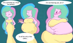 Size: 2900x1700 | Tagged: safe, artist:b0nb0nbun, derpibooru import, princess celestia, human, equestria girls, bbw, belly, big belly, blushing, cake, cakelestia, chubbylestia, fat, female, food, huge belly, image, jpeg, morbidly obese, obese, solo, speech bubble, ssbbw, weight gain