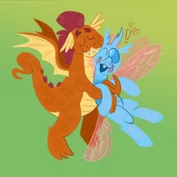 Size: 1280x1280 | Tagged: safe, artist:msponies, derpibooru import, ocellus, smolder, changedling, changeling, dragon, duo, exclamation point, eyes closed, female, green background, heart, hug, image, lesbian, one eye closed, open mouth, open smile, png, shipping, simple background, smiling, smolcellus