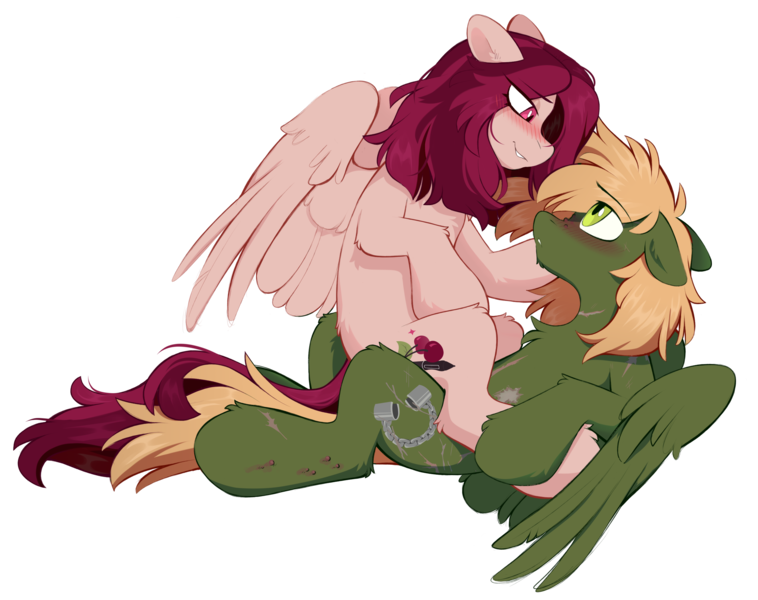 Size: 2667x2112 | Tagged: questionable, artist:crimmharmony, derpibooru import, oc, oc:crimm harmony, oc:murky, unofficial characters only, pegasus, pony, fallout equestria, blushing, female, image, lidded eyes, looking at each other, looking at someone, lying down, male, mare, on back, partially open wings, pegasus oc, png, simple background, sitting on, sitting on lap, sitting on person, sitting on pony, stallion, straight, transparent background, wings