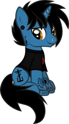 Size: 815x1461 | Tagged: safe, artist:lightningbolt, derpibooru import, ponified, pony, unicorn, .svg available, clothes, derpibooru exclusive, ear piercing, frank iero, gauges, hair over one eye, horn, horn piercing, image, lip piercing, looking at you, male, my chemical romance, nose piercing, piercing, png, shirt, show accurate, simple background, sitting, solo, stallion, t-shirt, tattoo, transparent background, vector