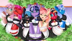 Size: 3460x2000 | Tagged: safe, artist:xcinnamon-twistx, derpibooru import, oc, oc:citrus twist, oc:google chrome, oc:lucky shot, oc:paddy sparkle, oc:ruby star, oc:sugar star, oc:windblade, unofficial characters only, alicorn, bat pony, earth pony, pegasus, unicorn, apron, bell, browser ponies, bush, cafe, cake, clothes, commission, covered eye, cuffs, cute, female, floppy ears, food, google chrome, headdress, image, maid, maid cafe, maid headdress, male, nekopara, one eye closed, outdoors, petals, plants, plate, png, pouting, shy, tongue out, wink, ych result
