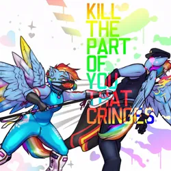 Size: 1200x1200 | Tagged: semi-grimdark, artist:krd, derpibooru import, rainbow dash, anthro, pegasus, action pose, blood, clothes, collar, ear piercing, face mask, fingerless gloves, gloves, image, jpeg, kill the part of you that cringes, mask, mouthpiece, nonbinary pride flag, pansexual pride flag, piercing, police officer, pride, pride flag, pride month, rainbow blood, rubber pride flag, rubber suit, self paradox, self ponidox, transgender pride flag, zipper