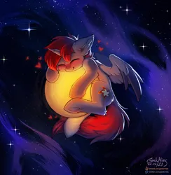 Size: 3098x3172 | Tagged: safe, artist:gicme, derpibooru import, oc, oc:hardy, alicorn, pony, blushing, ear fluff, eyes closed, full body, heart, high res, hug, image, male, png, solo, space, spread wings, stallion, stars, sun, wings