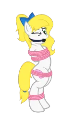 Size: 2241x3690 | Tagged: suggestive, artist:equestria secret guard, artist:radiantrealm, derpibooru import, oc, oc:cath, unofficial characters only, pegasus, pony, arm behind back, belly button, bipedal, blushing, bondage, bound and gagged, female, gag, helpless, horn, image, mare, pegasus oc, png, rope, rope bondage, sexy, simple background, tied up, transparent background, wings