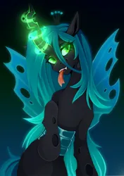 Size: 1426x2030 | Tagged: safe, artist:buvanybu, queen chrysalis, changeling, changeling queen, changeling wings, fangs, female, glowing eyes, image, jpeg, magic, solo, tongue out, wings