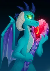 Size: 1426x2030 | Tagged: safe, artist:buvanybu, princess ember, queen chrysalis, changeling, dragon, changeling wings, disguise, disguised changeling, fangs, female, glowing eyes, image, jpeg, magic, scepter, solo, tongue out, wings