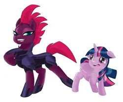 Size: 1024x858 | Tagged: safe, artist:jackspicerchase, derpibooru import, tempest shadow, twilight sparkle, twilight sparkle (alicorn), alicorn, pony, unicorn, my little pony: the movie, armor, broken horn, concave belly, eye scar, facial scar, female, folded wings, height difference, horn, image, jpeg, mare, open mouth, physique difference, scar, simple background, slim, thin, white background, wings