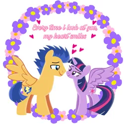 Size: 1400x1400 | Tagged: safe, artist:mlplary6, derpibooru import, flash sentry, twilight sparkle, twilight sparkle (alicorn), alicorn, pegasus, pony, female, flashlight, flower, heart, image, looking at each other, looking at someone, love, male, mare, png, romantic, shipping, smiling, smiling at each other, stallion, straight, text