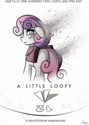 Size: 344x482 | Tagged: safe, artist:whitepone, derpibooru import, sweetie belle, unicorn, fanfic, fanfic:a little loopy, animated, ash, clock, fanfic art, fanfic cover, image, jpeg, loop, sad, simple background, solo, staring at you, white background