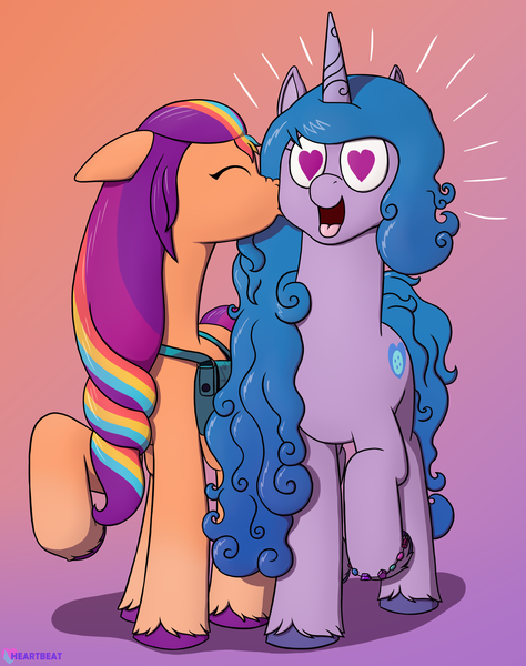 Size: 1954x2476 | Tagged: safe, artist:passionpanther, derpibooru import, izzy moonbow, sunny starscout, earth pony, pony, unicorn, g5, duo, duo female, female, gradient background, heart, heart eyes, image, izzyscout, kiss on the cheek, kissing, lesbian, png, shipping, wingding eyes