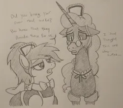 Size: 1079x953 | Tagged: safe, artist:jargon scott, derpibooru import, oc, oc:anon-mare, oc:nyx, unofficial characters only, alicorn, earth pony, pony, bowtie, clothes, dialogue, duo, female, floppy ears, glasses, grayscale, image, jpeg, lidded eyes, maid, mare, monochrome, older, older nyx, pencil drawing, round glasses, traditional art