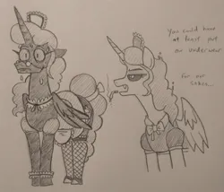 Size: 1026x879 | Tagged: safe, artist:jargon scott, derpibooru import, oc, oc:dyx, oc:nyx, unofficial characters only, alicorn, pony, annoyed, clothes, duo, embarrassed, fangs, female, fishnets, glasses, image, jpeg, maid, mare, narrowed eyes, nervous sweat, no underwear, older, older dyx, older nyx, pencil drawing, round glasses, siblings, signature, sisters, smoking, sweat, traditional art