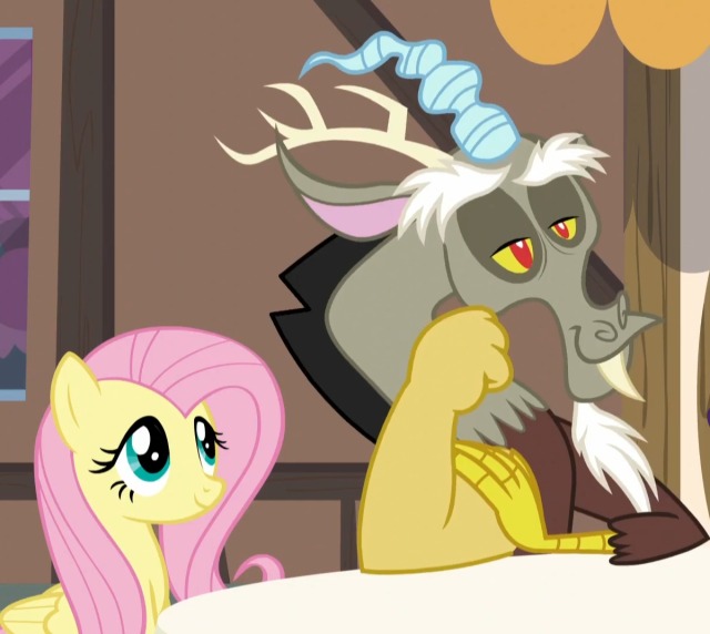 Size: 640x572 | Tagged: safe, derpibooru import, screencap, discord, fluttershy, draconequus, pegasus, what about discord?, antlers, beard, duo, duo male and female, eyebrows, facial hair, female, hand on arm, hand on chin, image, jpeg, looking at someone, male, window