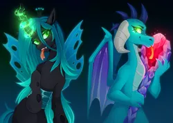Size: 2275x1619 | Tagged: safe, artist:buvanybu, derpibooru import, princess ember, queen chrysalis, changeling, changeling queen, dragon, bloodstone scepter, disguise, disguised changeling, dragon lord ember, dragoness, duo, female, glow, glowing eyes, image, looking at each other, looking at someone, png, simple background, tongue out