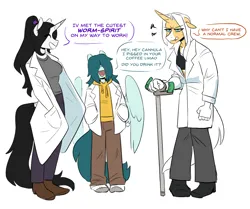 Size: 1202x1004 | Tagged: safe, artist:redxbacon, derpibooru import, oc, oc:cannula strip, oc:shoreline breeze, oc:umbra spirit, unofficial characters only, anthro, pegasus, unicorn, clothes, crutches, dialogue, hoodie, image, lab coat, png, simple background, sports bra, talking, white background
