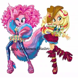 Size: 1080x1080 | Tagged: safe, artist:amy mebberson, official, applejack, pinkie pie, dance magic, equestria girls, spoiler:eqg specials, alternate hairstyle, belt, clothes, cowboy hat, cutie mark, cutie mark on clothes, dancing, eyeshadow, hat, high heels, image, jpeg, makeup, official art, ponied up, shoes, simple background, stetson, vector, vest, white background