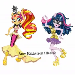 Size: 1080x1080 | Tagged: safe, artist:amy mebberson, official, sci-twi, sunset shimmer, twilight sparkle, dance magic, equestria girls, spoiler:eqg specials, alternate hairstyle, belt, clothes, cutie mark, cutie mark on clothes, dancing, dress, eyeshadow, flower, flower in hair, glasses, high heels, image, jpeg, makeup, official art, ponied up, ponytail, shoes, simple background, vector, white background