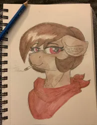 Size: 2738x3513 | Tagged: safe, artist:reddthebat, derpibooru import, oc, oc:number nine, unofficial characters only, earth pony, pony, bandana, bust, cigarette, female, image, jpeg, lidded eyes, looking at you, mare, pencil, photo, smiling, smiling at you, smoking, solo, traditional art