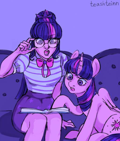 Size: 1121x1313 | Tagged: safe, artist:teashteinn, derpibooru import, sci-twi, twilight sparkle, twilight sparkle (alicorn), alicorn, human, pony, equestria girls, book, couch, duo, human ponidox, image, jpeg, open mouth, self paradox, self ponidox, signature, sitting, twolight