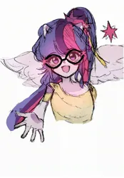 Size: 1541x2219 | Tagged: safe, artist:iy1154724622863, sci-twi, twilight sparkle, dance magic, equestria girls, spoiler:eqg specials, clothes, cutie mark, cutie mark on clothes, glasses, image, jpeg, looking at you, open smile, ponied up, ponytail, simple background, solo, white background, wings