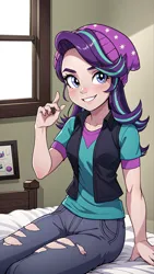 Size: 1080x1920 | Tagged: safe, derpibooru import, machine learning generated, stable diffusion, starlight glimmer, human, ai content, beanie, bed, bedroom, blue eyes, clothes, female, generator:cartunafied, hat, image, jacket, jpeg, multicolored hair, pants, prompter:marusame, ripped pants, shirt, sitting, smiling, solo, solo female, teeth, torn clothes, window