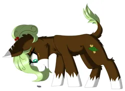Size: 2779x2026 | Tagged: safe, artist:melodytheartpony, derpibooru import, oc, oc:sweet leaf, beetle, earth pony, insect, pony, art trade, cherry, chest fluff, dots, ear fluff, earth pony oc, excited, excitement, female, feral, fluffy, foal, food, happy, image, looking down, markings, png, signature, simple background, standing, stripes, white background, young