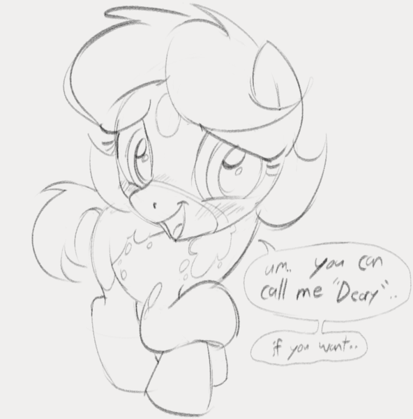 Size: 833x844 | Tagged: safe, artist:dotkwa, derpibooru import, oc, oc:deary dots, unofficial characters only, earth pony, pony, blushing, dialogue, female, filly, foal, gray background, grayscale, image, monochrome, open mouth, open smile, png, simple background, sketch, smiling, solo, speech bubble