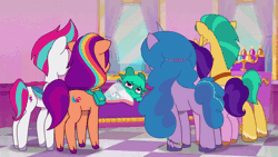 Size: 800x450 | Tagged: safe, derpibooru import, screencap, hitch trailblazer, izzy moonbow, pipp petals, sparky sparkeroni, sunny starscout, zipp storm, dragon, earth pony, pegasus, pony, unicorn, g5, my little pony: tell your tale, spoiler:g5, spoiler:my little pony: tell your tale, spoiler:tyts01e54, animated, blanket, eyes closed, gif, group hug, hug, i've seen fire and i've seen rain (bows), image, smiling
