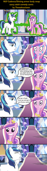 Size: 1008x3614 | Tagged: suggestive, artist:thewalrusclown, derpibooru import, princess cadance, shining armor, alicorn, pony, unicorn, body swap, crystal castle, female to male, image, male to female, png, rule 63, spell, sweat
