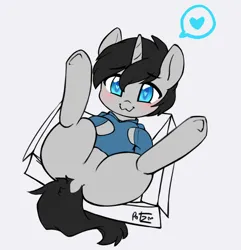 Size: 1640x1702 | Tagged: safe, artist:potzm, derpibooru import, oc, oc:cyan delta, pony, unicorn, :3, behaving like a cat, box, clothes, commission, cute, dock, featureless crotch, hoodie, image, male, png, tail, ych result