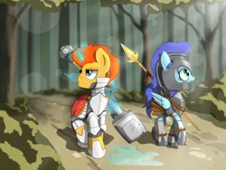 Size: 4000x3000 | Tagged: safe, artist:flaremoon, derpibooru import, oc, oc:bright hammer, oc:wind fury, pegasus, pony, unicorn, armor, armor skirt, clothes, fantasy class, female, forest, forest background, guardsmare, hammer, image, knight, magic, mare, paladin, plate armor, png, royal guard, skirt, spear, telekinesis, tree, warrior, weapon