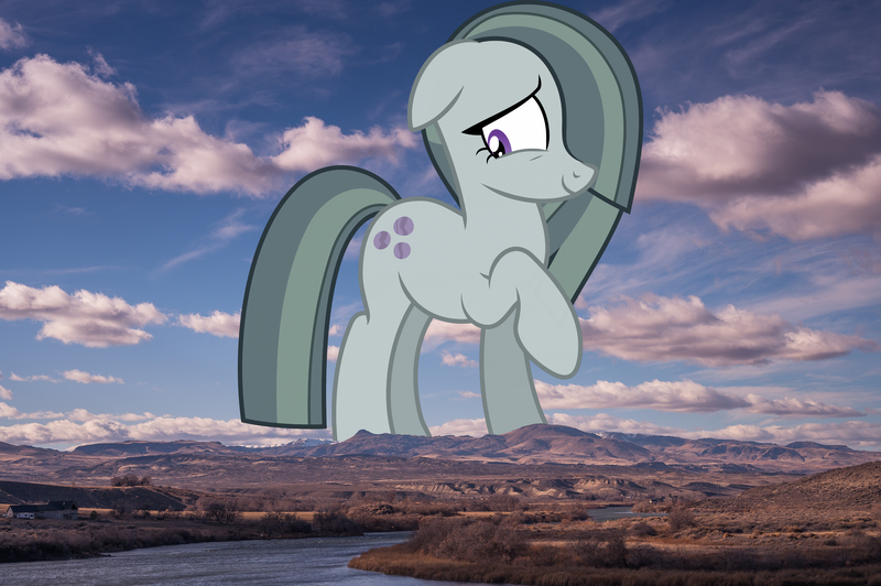 Size: 6048x4024 | Tagged: safe, artist:gamemasterluna, derpibooru import, edit, editor:jaredking779, marble pie, earth pony, pony, absurd resolution, cute, female, floppy ears, giant pony, giantess, hair over one eye, highrise ponies, image, irl, jpeg, macro, marblebetes, mare, mountain, mountain range, photo, ponies in real life, raised hoof, smiling, solo