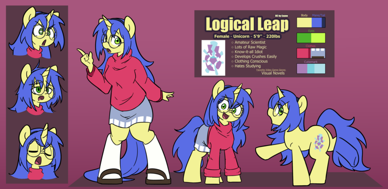 Size: 4423x2160 | Tagged: safe, artist:spheedc, derpibooru import, oc, oc:logical leap, unofficial characters only, anthro, pony, unguligrade anthro, unicorn, anthro oc, anthro with ponies, clothes, cutie mark, female, glasses, hairband, image, png, pointing, reference sheet, sandals, skirt, socks, sweater, vase