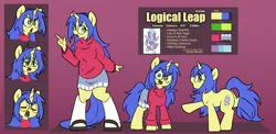 Size: 4423x2160 | Tagged: safe, artist:spheedc, derpibooru import, oc, oc:logical leap, unofficial characters only, anthro, pony, unguligrade anthro, unicorn, anthro oc, anthro with ponies, clothes, cutie mark, female, glasses, hairband, image, png, pointing, reference sheet, sandals, skirt, socks, sweater, vase