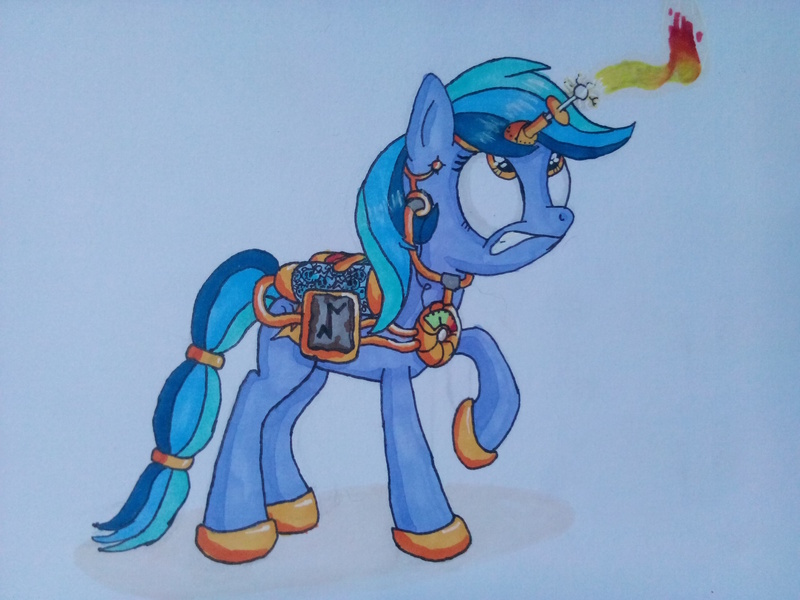 Size: 2560x1920 | Tagged: safe, artist:danatron1, derpibooru import, oc, oc:spark bug, earth pony, pony, twittermite, artificial horn, derpibooru exclusive, female, fire, image, jpeg, liquid rainbow, machinery, mare, runes, traditional art