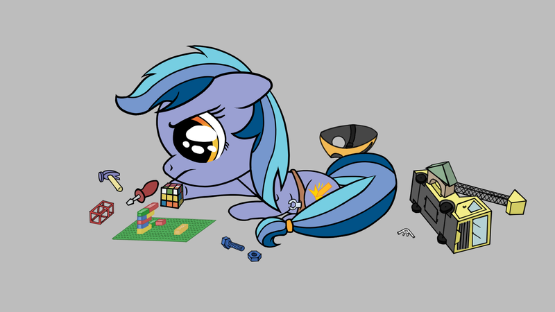 Size: 1920x1080 | Tagged: safe, artist:danatron1, derpibooru import, oc, oc:spark bug, earth pony, pony, clothes, derpibooru exclusive, digital art, female, filly, foal, hard hat, hat, image, lego, png, rubik's cube, toy, younger