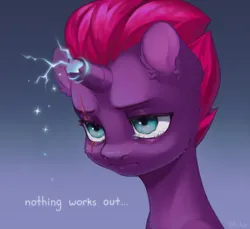 Size: 2181x2000 | Tagged: safe, artist:hirichie, derpibooru import, tempest shadow, pony, unicorn, my little pony: the movie, crying, cute, female, foal, gradient background, image, png, sad, solo, text