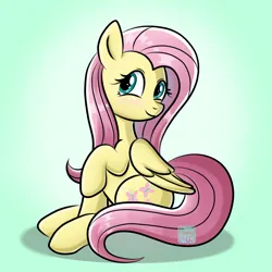 Size: 2200x2200 | Tagged: safe, artist:marakoru_luv, artist:marakoruluv, derpibooru import, fluttershy, pegasus, pony, blushing, cute, female, folded wings, gradient background, high res, image, looking at you, mare, png, shyabetes, sitting, smiling, smiling at you, solo, wings