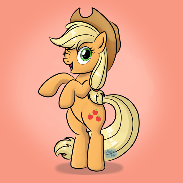 Size: 2200x2200 | Tagged: safe, artist:marakoru_luv, artist:marakoruluv, derpibooru import, applejack, earth pony, pony, applejack's hat, bipedal, cowboy hat, cute, female, gradient background, hat, high res, image, jackabetes, looking at you, mare, one eye closed, open mouth, open smile, png, smiling, smiling at you, solo, wink, winking at you