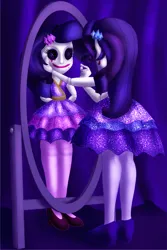 Size: 2200x3300 | Tagged: semi-grimdark, artist:sixes&sevens, derpibooru import, rarity, fanfic:the sunset archives, equestria girls, blood, button eyes, clothes, dress, fanfic art, high heels, image, mannequin, mirror, needle, png, self paradox, shoes, twinning