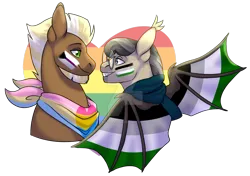Size: 1280x901 | Tagged: safe, artist:malinraf1615, derpibooru import, oc, oc:stoutheart, oc:waxing lyrical, unofficial characters only, bat pony, earth pony, pony, deviantart watermark, image, male, obtrusive watermark, png, pride flag, simple background, stallion, transparent background, watermark