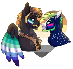 Size: 1280x1216 | Tagged: safe, artist:malinraf1615, derpibooru import, oc, oc:daredevil, oc:lucky toss, unofficial characters only, earth pony, pegasus, pony, deviantart watermark, image, male, obtrusive watermark, png, pride flag, simple background, stallion, transparent background, watermark