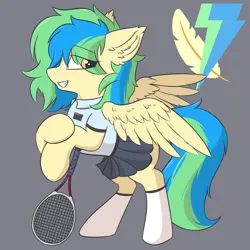 Size: 1500x1500 | Tagged: safe, artist:hcl, derpibooru import, oc, oc:hcl, pegasus, pony, clothes, ear fluff, hidden cutie mark, image, looking to side, multicolored mane, multicolored tail, png, skirt, socks, tennis racket